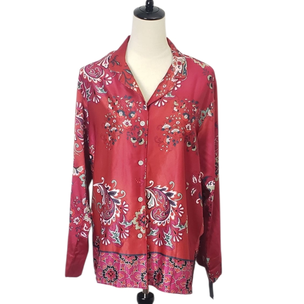 NWT Natori Satin Paisley Floral Button Front Pajama Top Artsy Asian